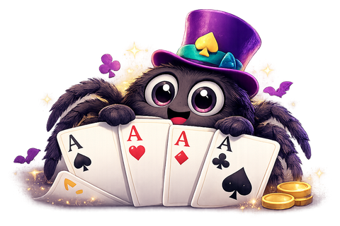 Spider mascot holding cards