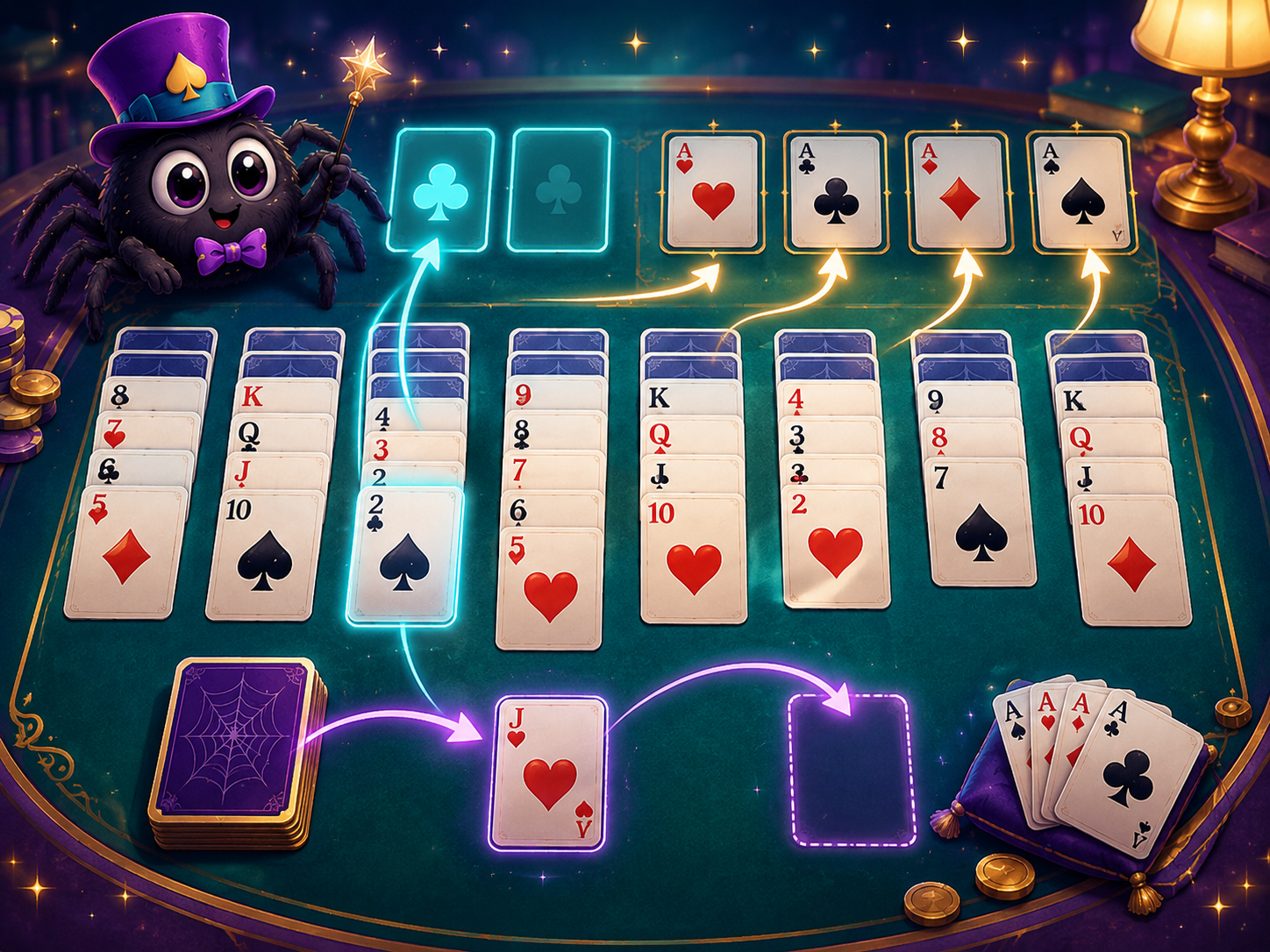 A guided Freecell tutorial scene showing the basic layout with free cells, foundations and tableau columns