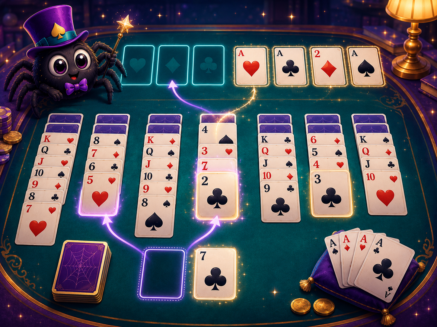A Freecell gameplay scene with highlighted moves and cards moving toward the foundations