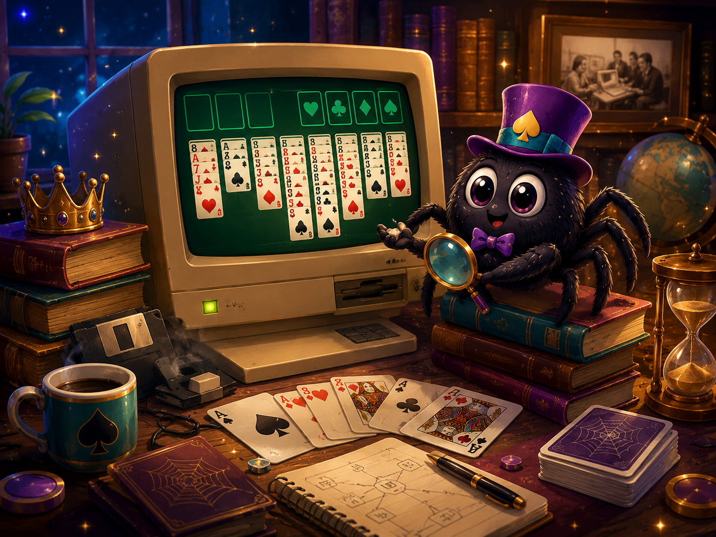 A nostalgic Freecell history illustration with a vintage computer in a magical study