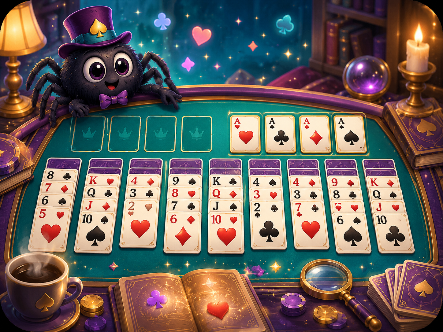 A magical Freecell game table introducing the page with the site spider mascot