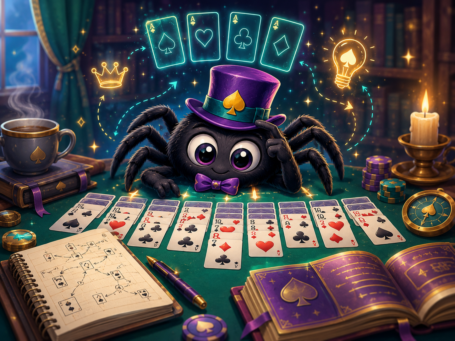 A clever spider mascot planning winning Freecell strategy beside notes and card moves