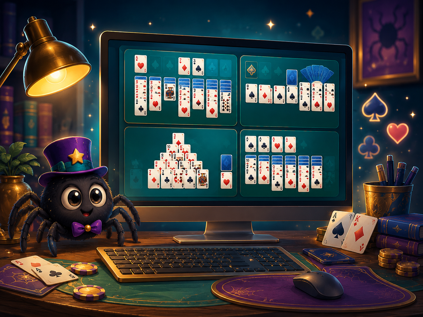 A magical desktop display showing several different solitaire game layouts