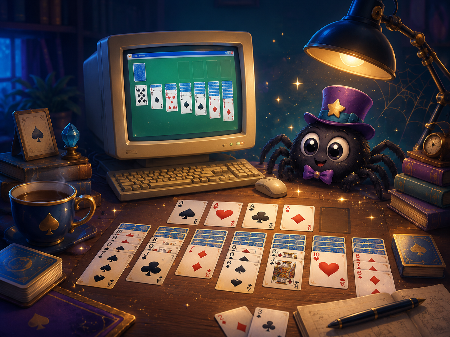 A vintage computer running classic solitaire in a cozy game-room setting