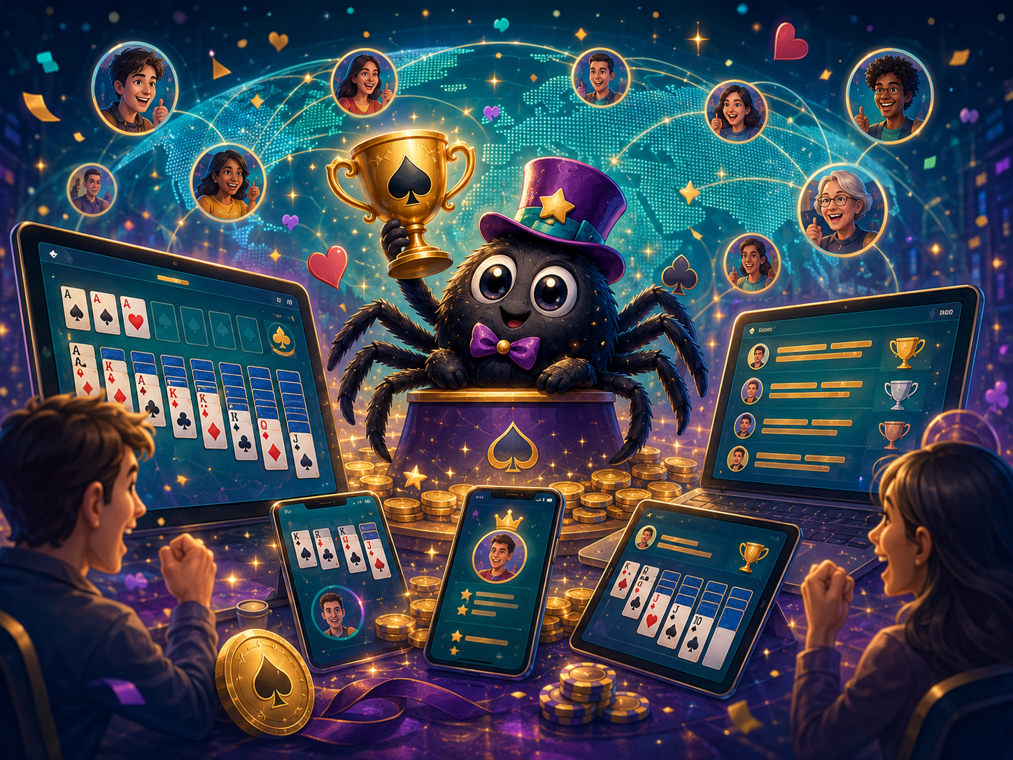 An online solitaire tournament celebration with connected players and a golden trophy