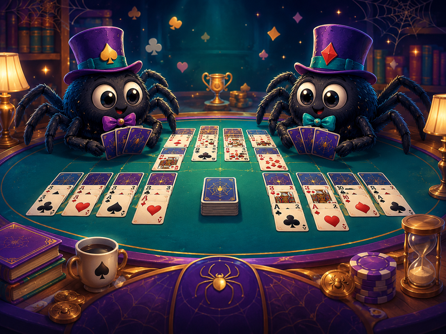 Two playful spider mascots competing in a two-player solitaire match